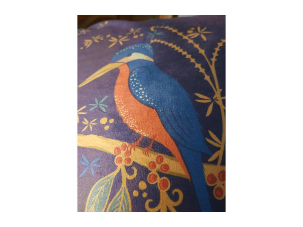 Close-up of kingfisher illustration on luxury velvet cushion cover