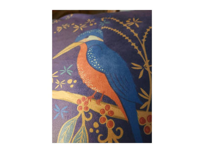 Close-up of kingfisher illustration on luxury velvet cushion cover