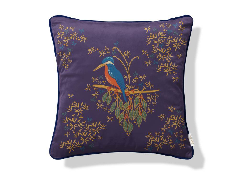 Artistic kingfisher velvet cushion cover, luxury statement cushion, size 45x45cm