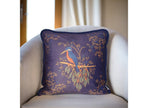 Kingfisher artwork velvet cushion cover styled on sofa, designer decorative cushion