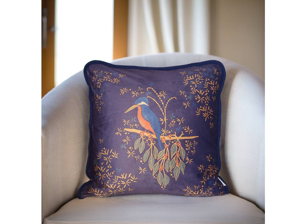 Kingfisher artwork velvet cushion cover styled on sofa, designer decorative cushion