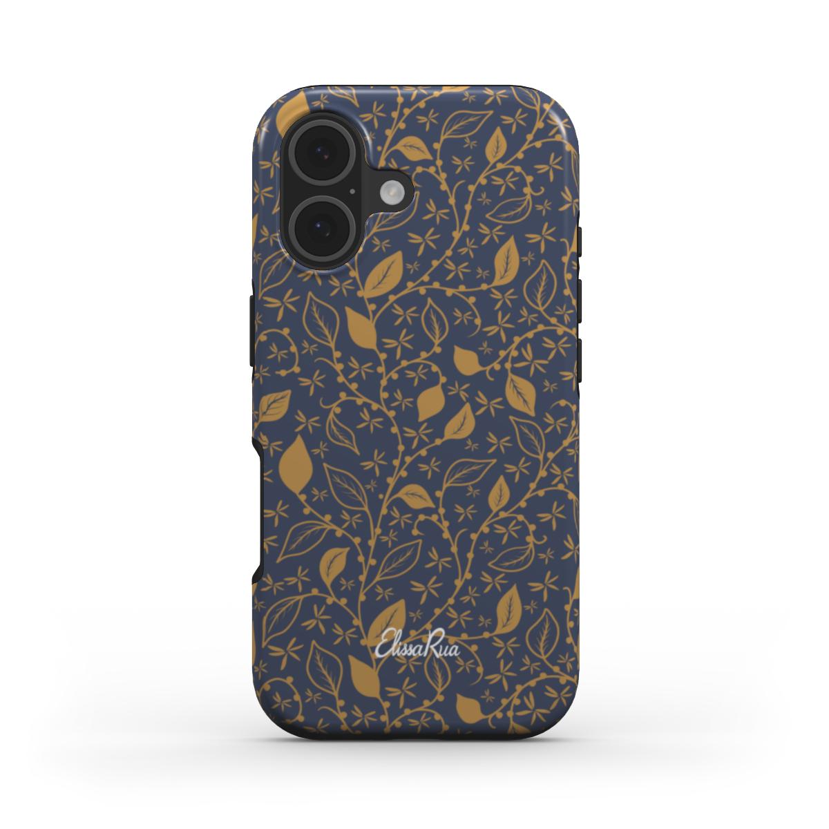 Designer Foliage Phone Case – Gold on Navy Tough Cover – front view of tough phone case