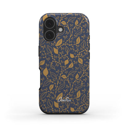 Designer Foliage Phone Case – Gold on Navy Tough Cover – front view of tough phone case