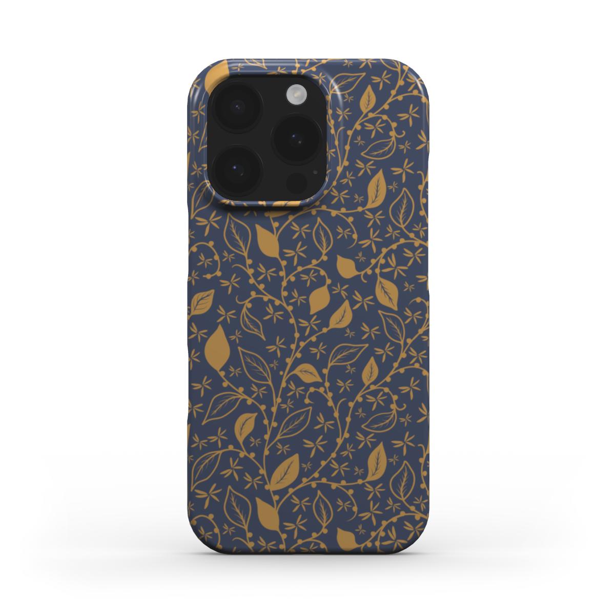 Midnight Foliage Snap Phone Case – gold foliage on navy background, front view