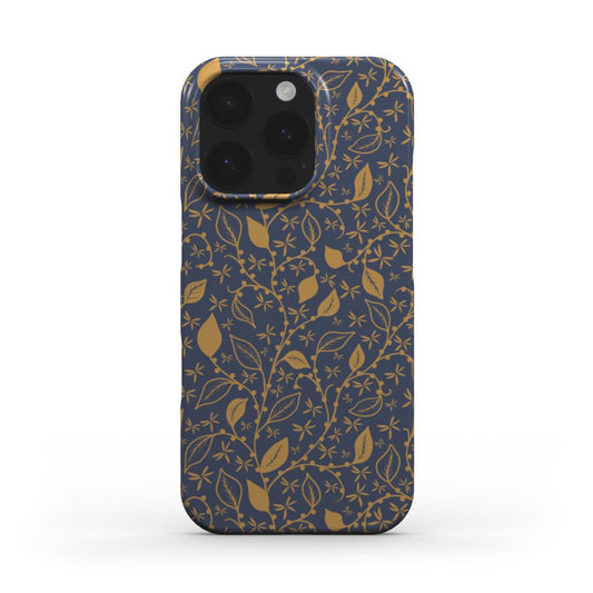Midnight Foliage Snap Phone Case – gold foliage on navy background, front view