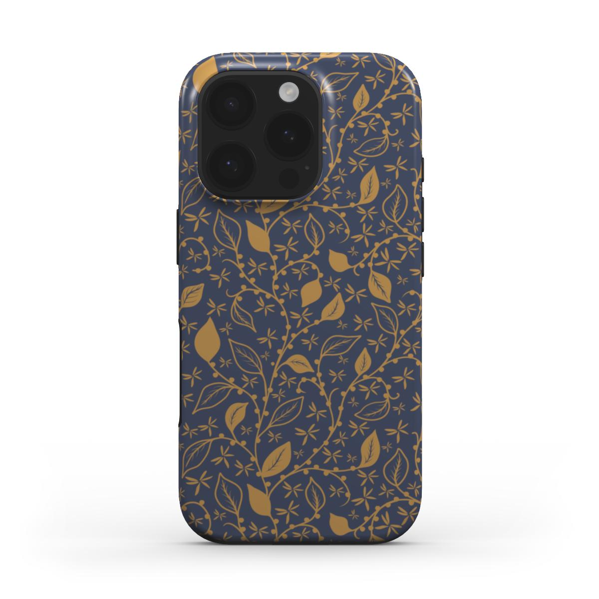 Midnight Foliage Tough Phone Case – gold-on-navy foliage design, front view