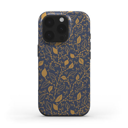 Midnight Foliage Tough Phone Case – gold-on-navy foliage design, front view