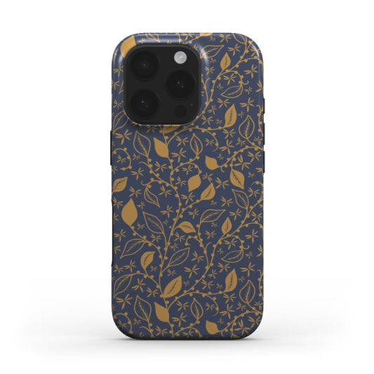 Midnight Foliage Tough Phone Case – gold-on-navy foliage design, front view