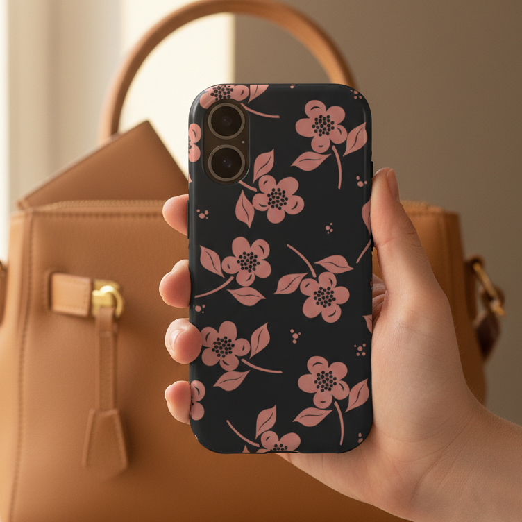 Pink Black Floral Case – Woman with Bag Lifestyle Mockup