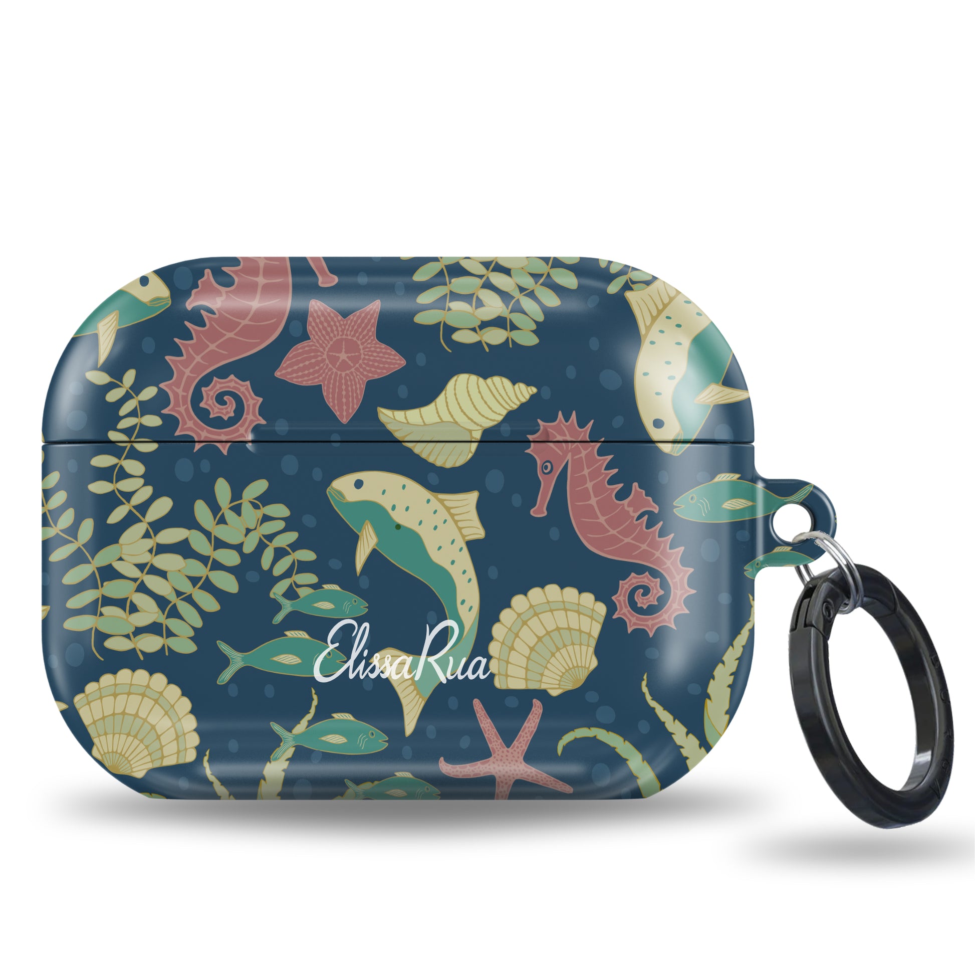 Artistic navy AirPods case featuring colourful ocean design