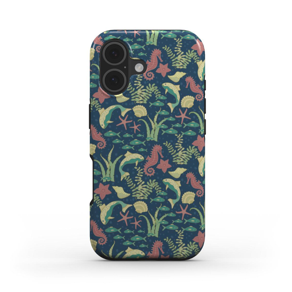 Phone case with a colorful sea-themed pattern on a white background