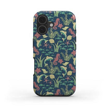 Phone case with a colorful sea-themed pattern on a white background