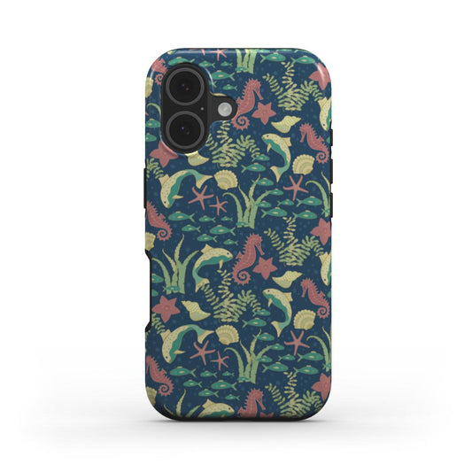 Phone case with a colorful sea-themed pattern on a white background
