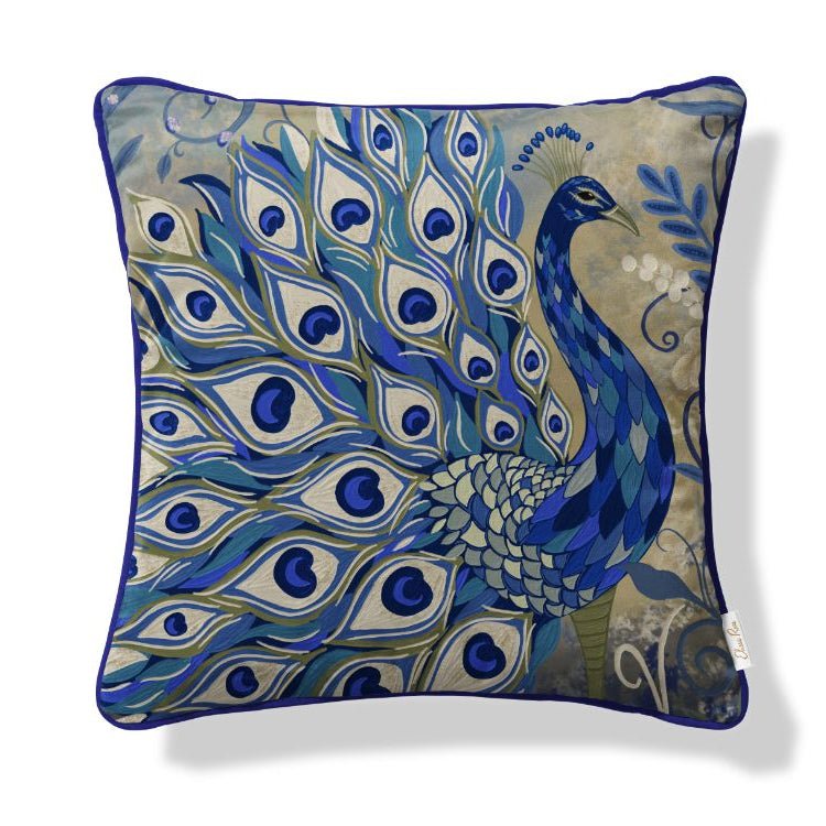 Peacock artwork designer velvet cushion cover, luxury statement cushion, size 45x45cm