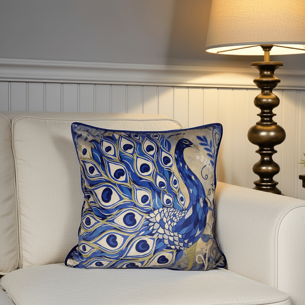 Peacock artwork velvet cushion cover styled on sofa, designer decorative cushion