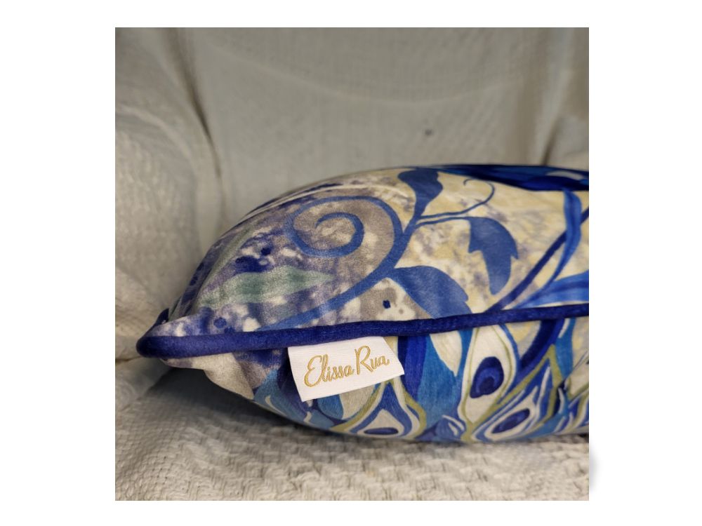 Side view of designer peacock artwork velvet cushion cover