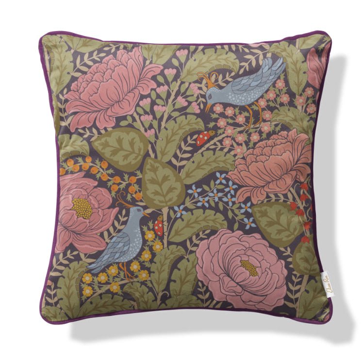 Peony and birds velvet cushion cover, luxury botanical statement cushion, size 45x45cm