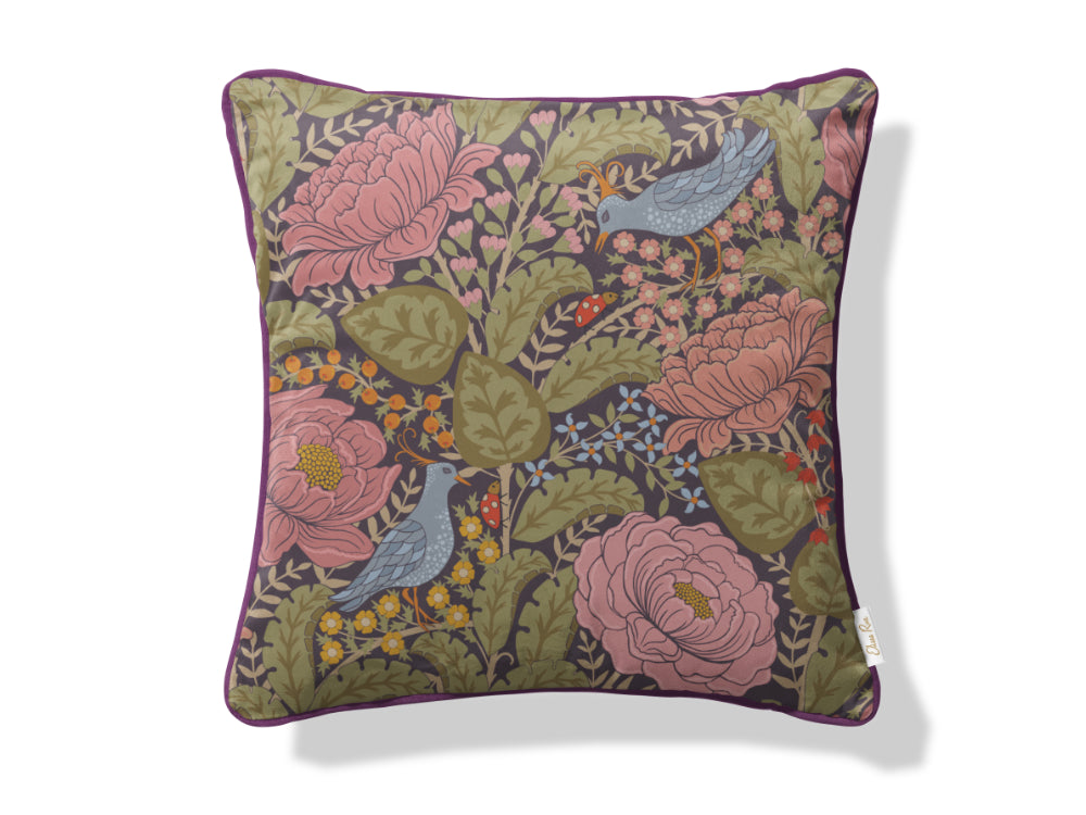 Peony and birds velvet cushion cover, luxury botanical statement cushion, size 45x45cm