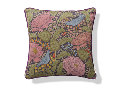 Peony and birds velvet cushion cover, luxury botanical statement cushion, size 45x45cm