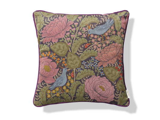 Peony and birds velvet cushion cover, luxury botanical statement cushion, size 45x45cm