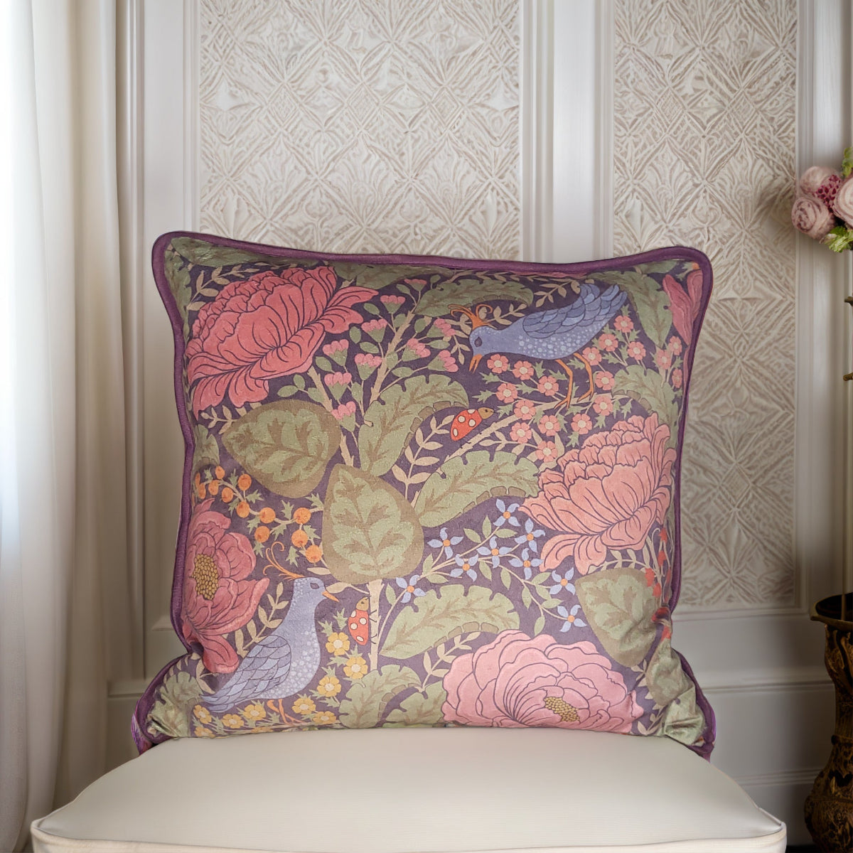 Peony and birds velvet cushion cover styled on sofa, designer botanical cushion