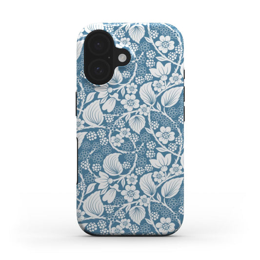 Front view of the Blackberry Blue Tough phone case, with a delicate white floral and blackberry pattern on a cool blue background.