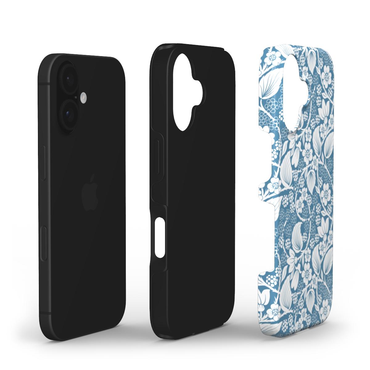 Layered view of the Blackberry Blue Tough phone case, showing its protective layers and elegant foliage print.