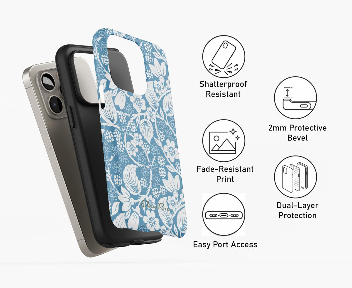 Layered view of the Blackberry Blue Tough phone case, showing its protective layers and elegant foliage print.