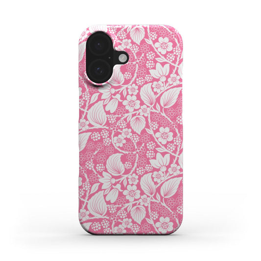 Front view of the Blackberry Pink Snap phone case, featuring a white floral and blackberry pattern on a soft pink background.
