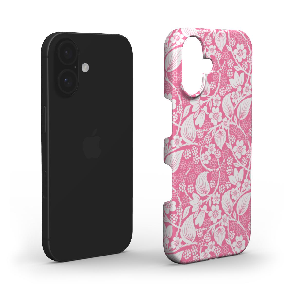 Front view of the Blackberry Pink Snap phone case, featuring a white floral and blackberry pattern on a soft pink background.
