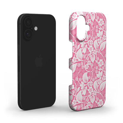 Front view of the Blackberry Pink Snap phone case, featuring a white floral and blackberry pattern on a soft pink background.