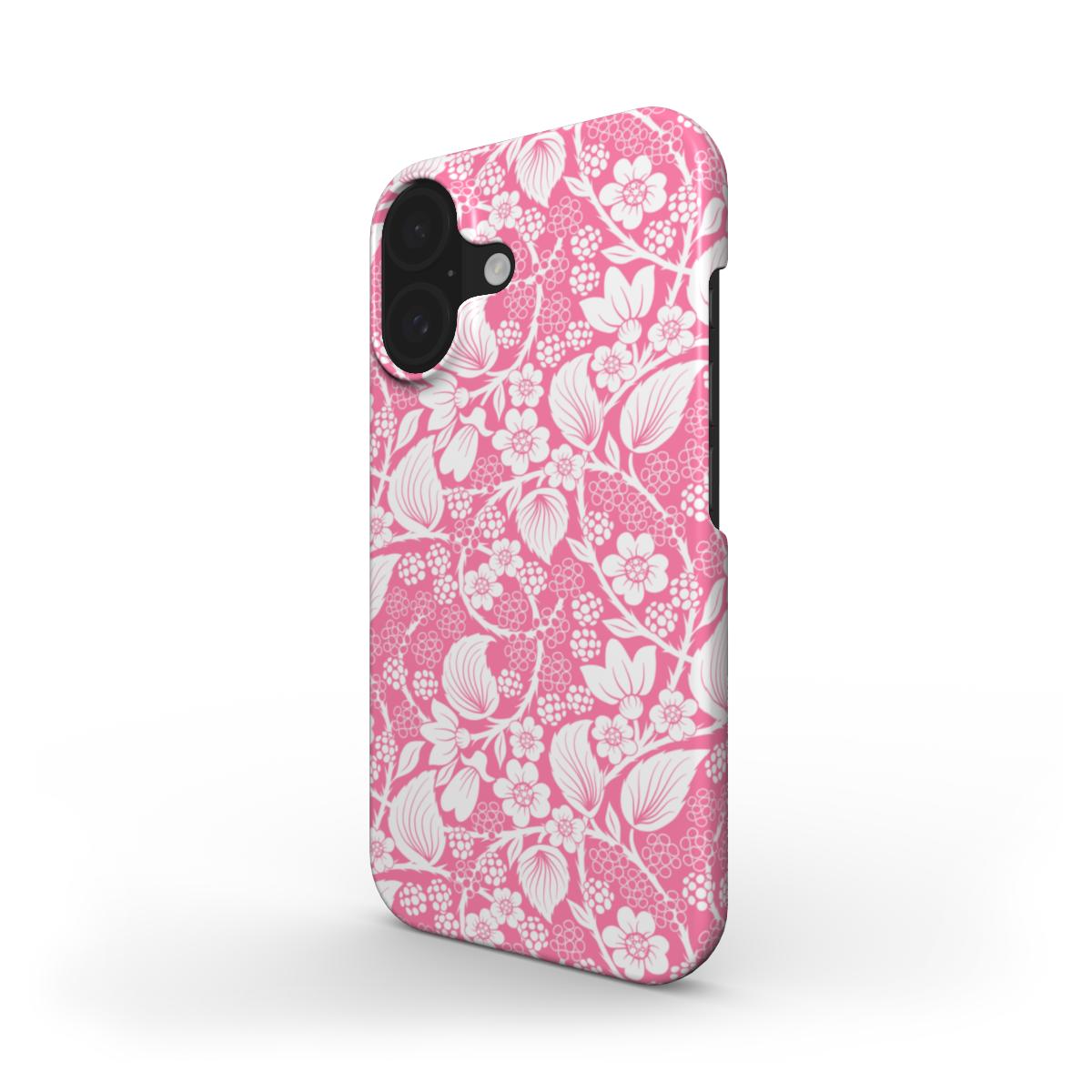 Side profile of the Blackberry Pink Snap phone case, showing the wraparound white botanical design on a gentle pink tone.