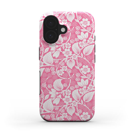 Front view of the Blackberry Pink Tough phone case, featuring a white floral and blackberry pattern on a soft pink background.