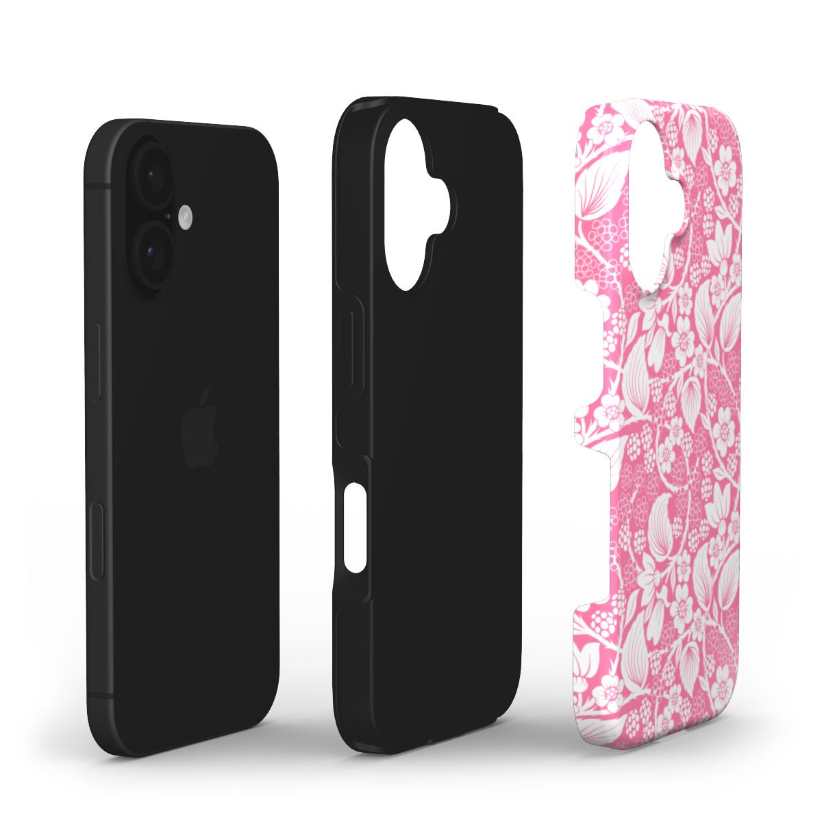 Layered view of the Blackberry Pink Tough phone case, highlighting its protective build and detailed floral illustration.