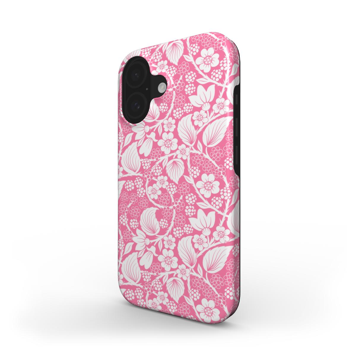 Side profile of the Blackberry Pink Tough phone case, showing the wraparound white botanical design on a gentle pink tone.