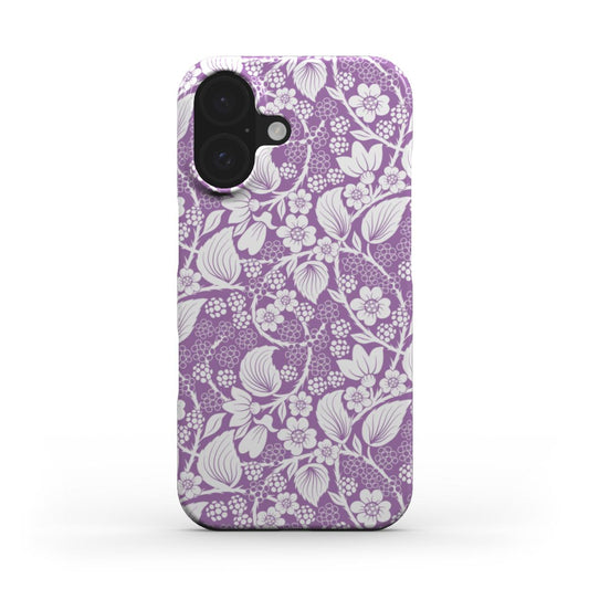 Front view of the Blackberry Purple Snap phone case, featuring a detailed white blackberry and floral pattern on a rich purple background.