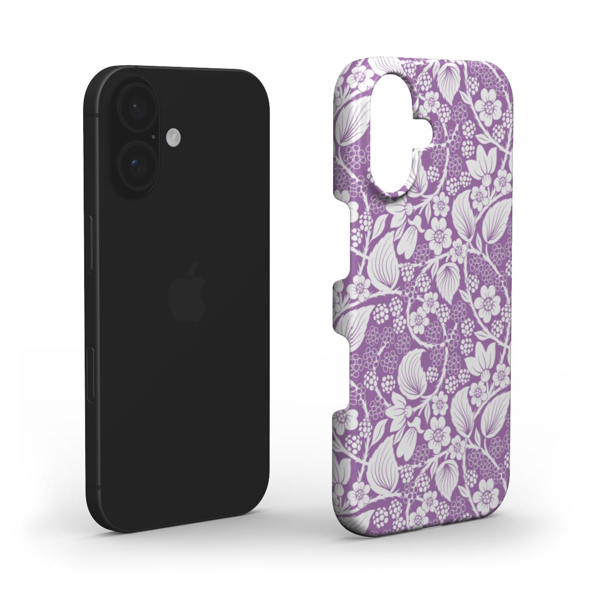 Layered view of the Blackberry Purple Snap phone case, displaying the durable construction and intricate white foliage design.