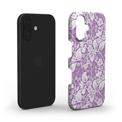 Layered view of the Blackberry Purple Snap phone case, displaying the durable construction and intricate white foliage design.