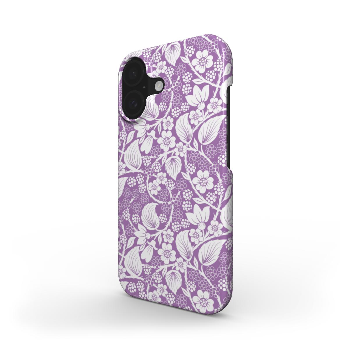 Side profile of the Blackberry Purple Snap phone case, showing the wraparound white floral design on a deep purple background.