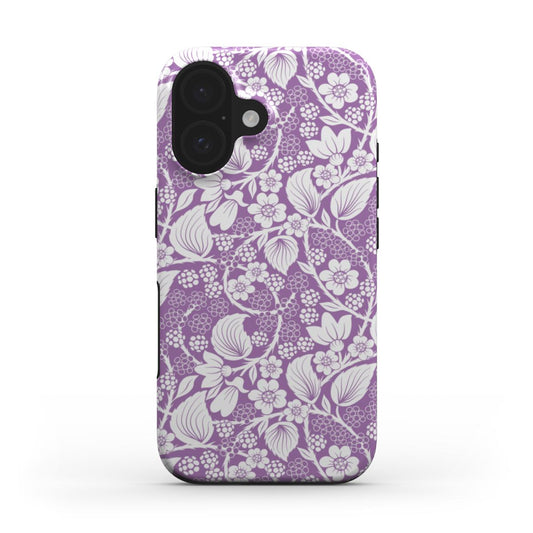 Front view of the Blackberry Purple Tough phone case, featuring a detailed white blackberry and floral pattern on a rich purple background.