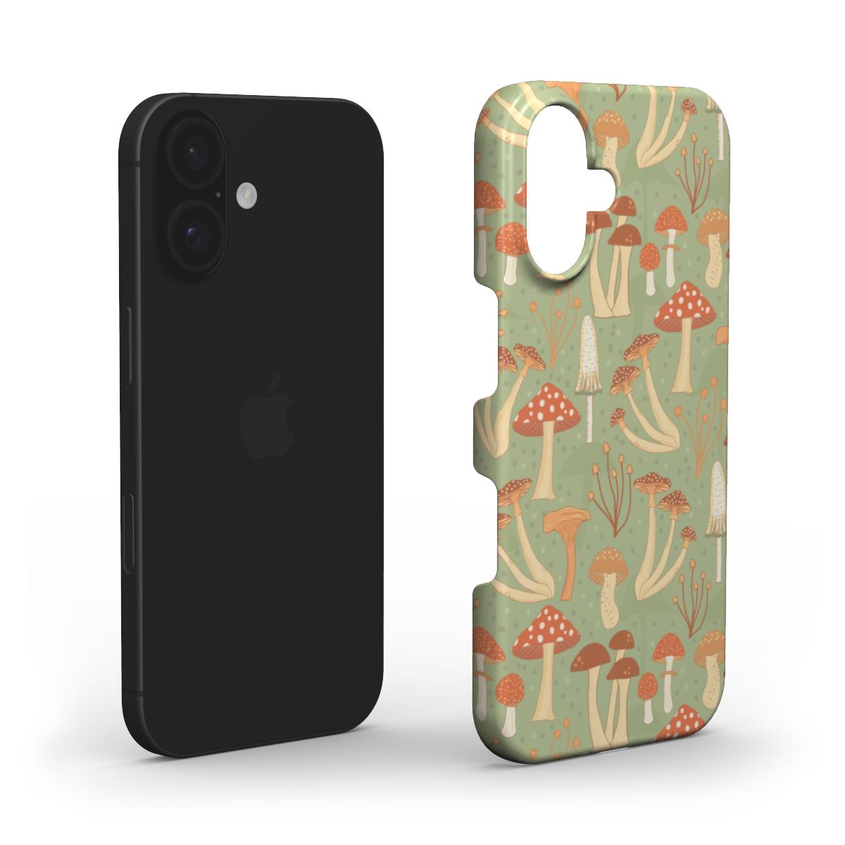 Exploded layers view of the Fabulous Funghi Snap phone case, highlighting the printed surface, protective shell, and precise construction.