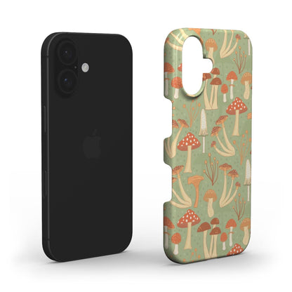 Exploded layers view of the Fabulous Funghi Snap phone case, highlighting the printed surface, protective shell, and precise construction.