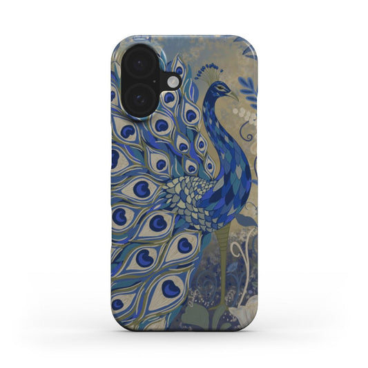 Front view of the Peacock Snap phone case, featuring an elegant painted peacock with rich blue and green tones on a dark background.