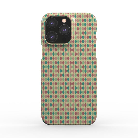Front view of the Retro Geometric Snap phone case, featuring a repeating pattern of small, multicoloured teardrop shapes in red, green, and beige on a neutral background.