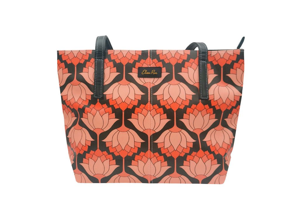 Pink and black lotus tote bag by Elissa Rua – designer women’s shoulder handbag with artistic pattern, front view.
