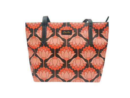 Pink and black lotus tote bag by Elissa Rua – designer women’s shoulder handbag with artistic pattern, front view.