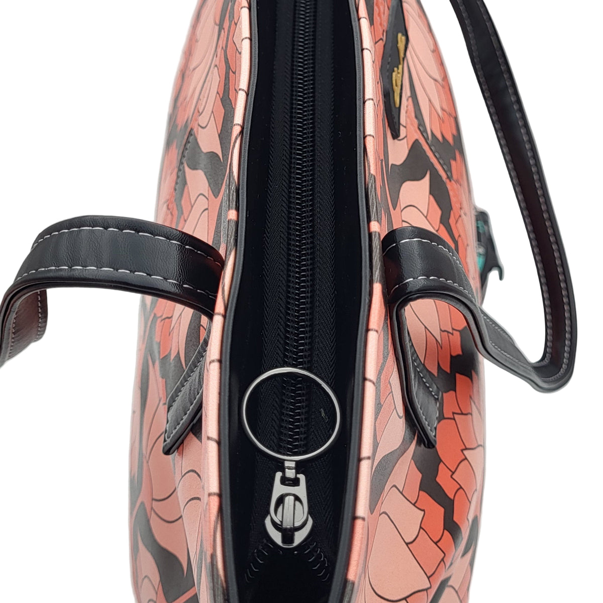 Close-up of pink and black lotus tote bag handle and detailing – artistic designer handbag by Elissa Rua.
