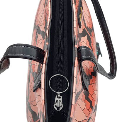 Close-up of pink and black lotus tote bag handle and detailing – artistic designer handbag by Elissa Rua.