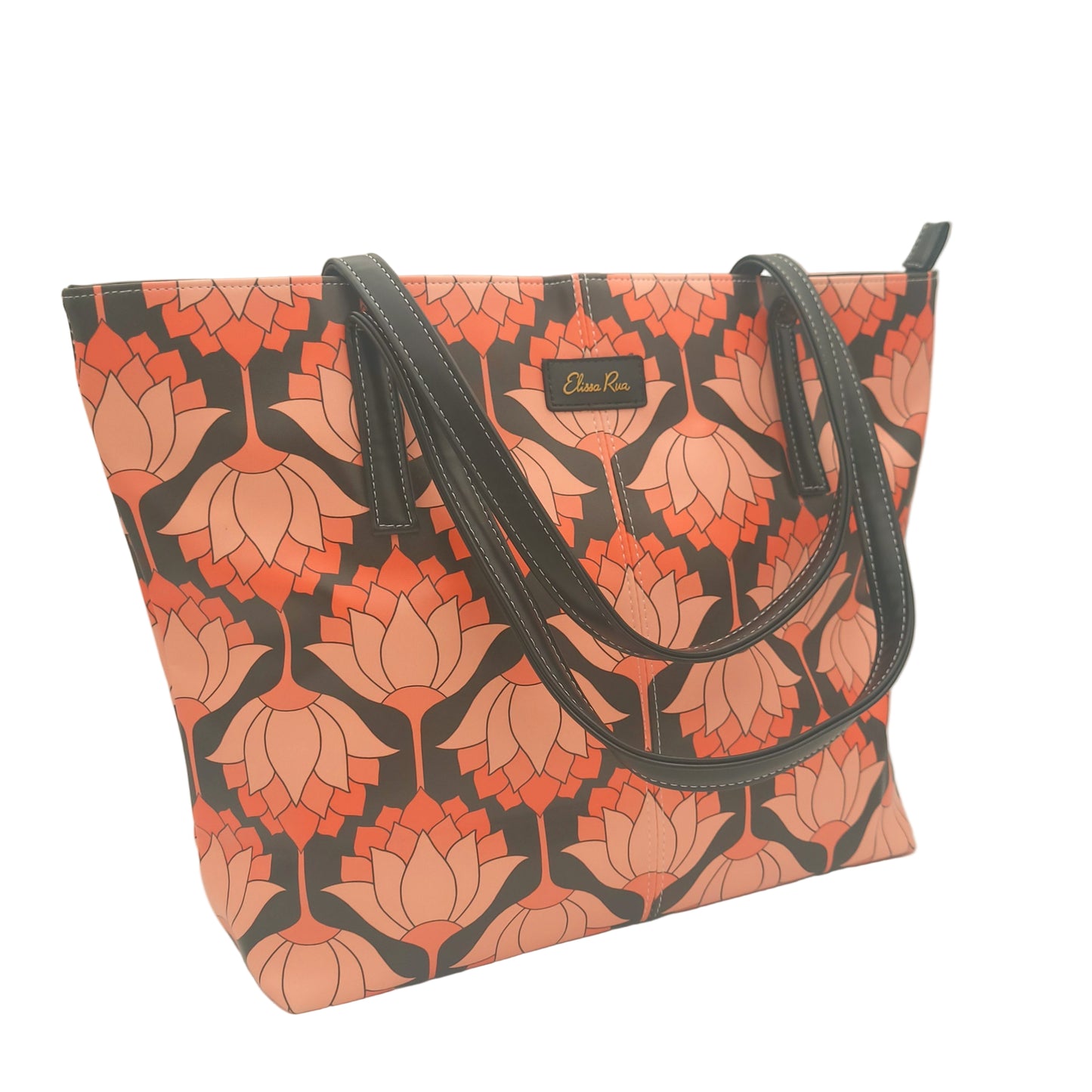 Pink and black lotus tote bag by Elissa Rua – angled side view showing artistic design and spacious structure.