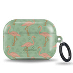 Green airpod case with pink flamingo pattern 